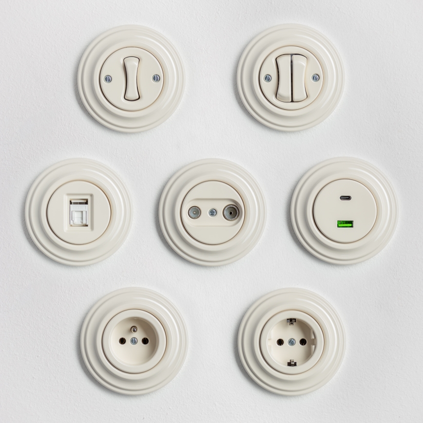 Kliklap - Retro dupli prekidač za stepenište sa okvirom br. 6+6, bež