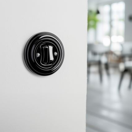 Kliklap - Retro dvostruki prekidač za stepenište sa okvirom br. 6+6, crni