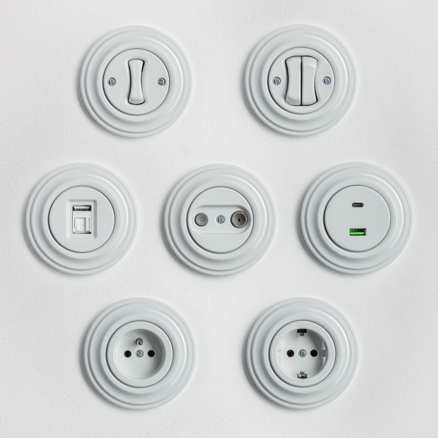 Kliklap - Retro dvostruki prekidač za stepenište sa okvirom br. 6+6 keramički beli