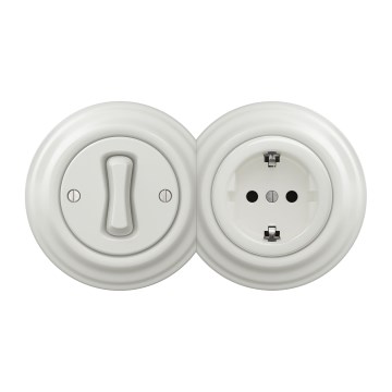 Kliklap - Retro jednopolni prekidač br. 1 i SCHUKO utičnica 230 V sa belim keramičkim okvirom