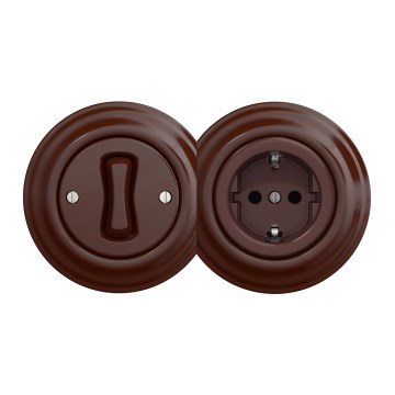 Kliklap - Retro jednopolni prekidač br. 1 i SCHUKO utičnica 230V sa okvirom, braon