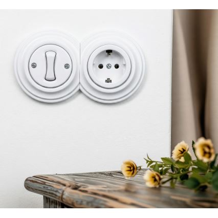 Kliklap - Retro jednopolni prekidač br. 1 i SCHUKO utičnica 230V sa ramom u snežno beloj boji