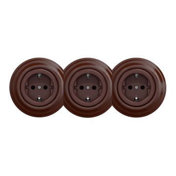 Kliklap - Trojna retro kućna utičnica sa ramom SCHUKO 230V, braon