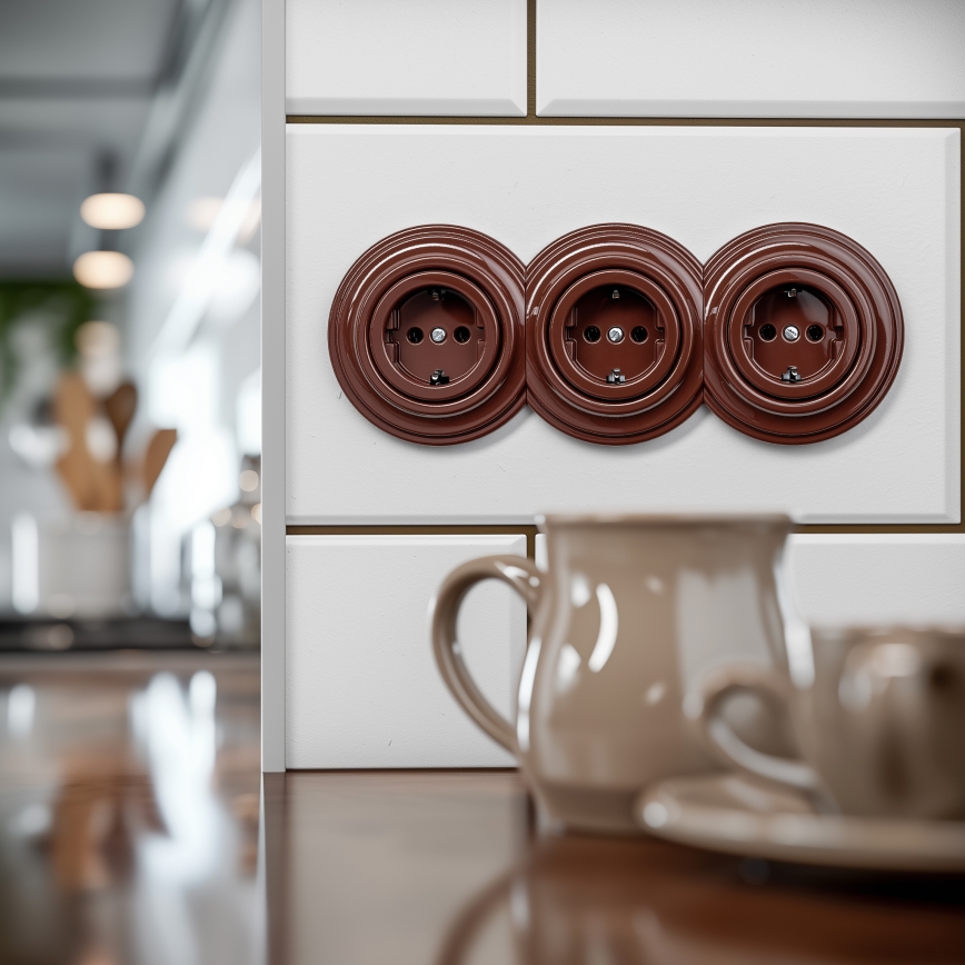 Kliklap - Trojna retro kućna utičnica sa ramom SCHUKO 230V, braon