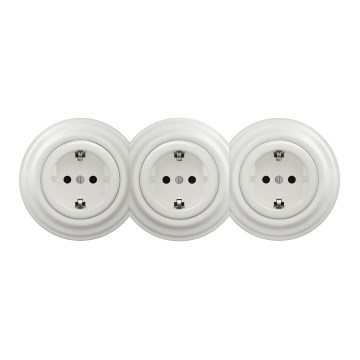 Kliklap - Trostruka retro zidna utičnica sa okvirom SCHUKO 230V, keramička, bela