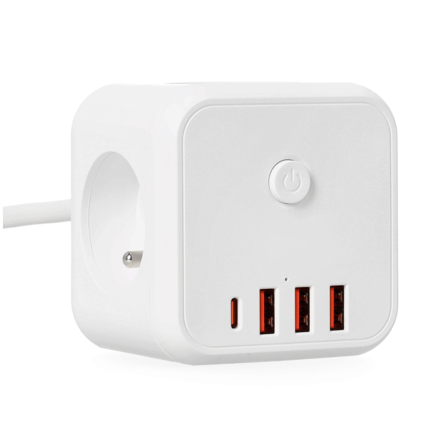 Kockasti produžni kabl sa prekidačem LINEA 3x230V + 4xUSB A/C, beo
