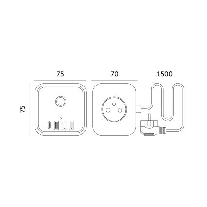 Kockasti produžni kabl sa prekidačem LINEA 3x230V + 4xUSB A/C, beo