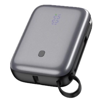 Kompaktan power bank 10000 mAh, 20W Power Delivery, sa ugrađenim uvlačivim USB-C kablom 1m, crni