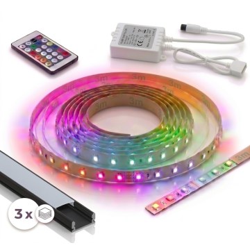 Komplet 1x LED RGBW prigušiva traka DIGITAL LED/9,6W/230V 3 m + 3x ugradni profil 1 m crni/beli + daljinski upravljač