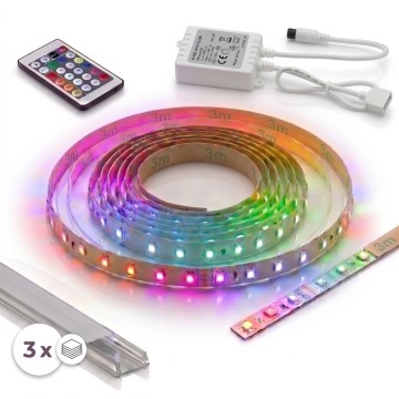 KOMPLET 1x LED RGBW prigušiva traka DIGITAL LED/9,6W/230V 3 m + 3x ugradni profil 1 m srebrna/bela + daljinski upravljač