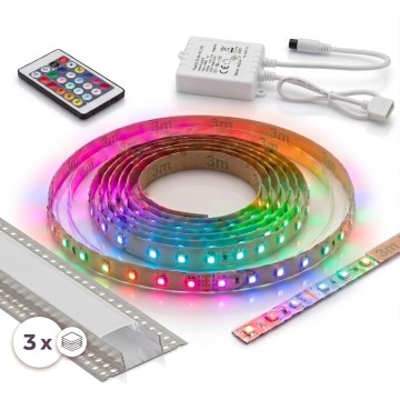 Komplet 1x LED RGBW prigušiva traka DIGITAL LED/9,6W/230V 3 m + 3x ugradni profil 1 m srebrna/bela + daljinski upravljač