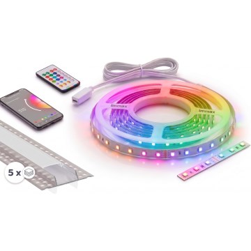 Komplet 1x LED RGBW prigušiva traka NEO LITE MUSIC LED/24W/230V, 5 m, IP65, Wi-Fi Tuya + 5x ugradni profil po 1 m (srebran/beli) + daljinski upravljač