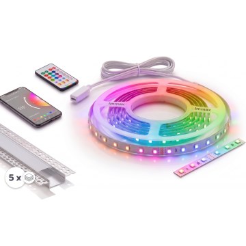 KOMPLET 1x LED RGBW prigušiva traka NEO LITE MUSIC LED/24W/230V 5 m IP65 Wi‑Fi Tuya + 5x ugradni profil 1 m srebrna/bela + daljinski upravljač