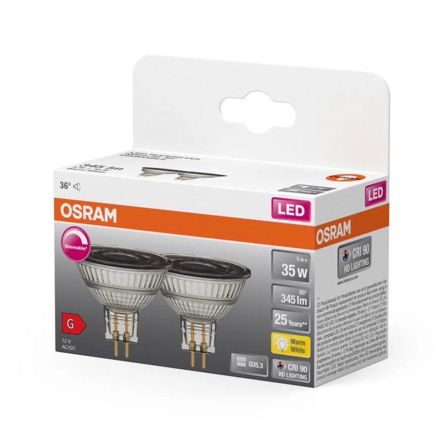 KOMPLET 2x LED prigušiva reflektorska sijalica MR16 GU5,3/5W/12V 2700K 36° CRI 90 - Osram
