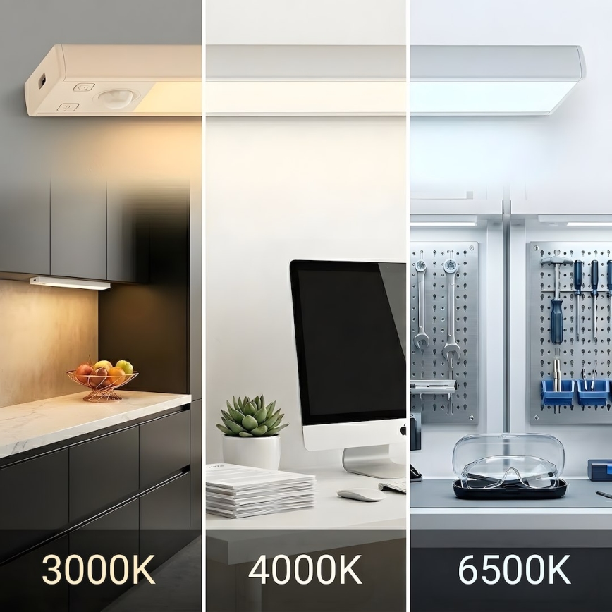 KOMPLET 2x LED punjivo osvetljenje za nameštaj sa senzorom pokreta i sumraka VIRO LED/1,2W/3,7V 800 mAh 3000/4000/6500K 30 cm bela