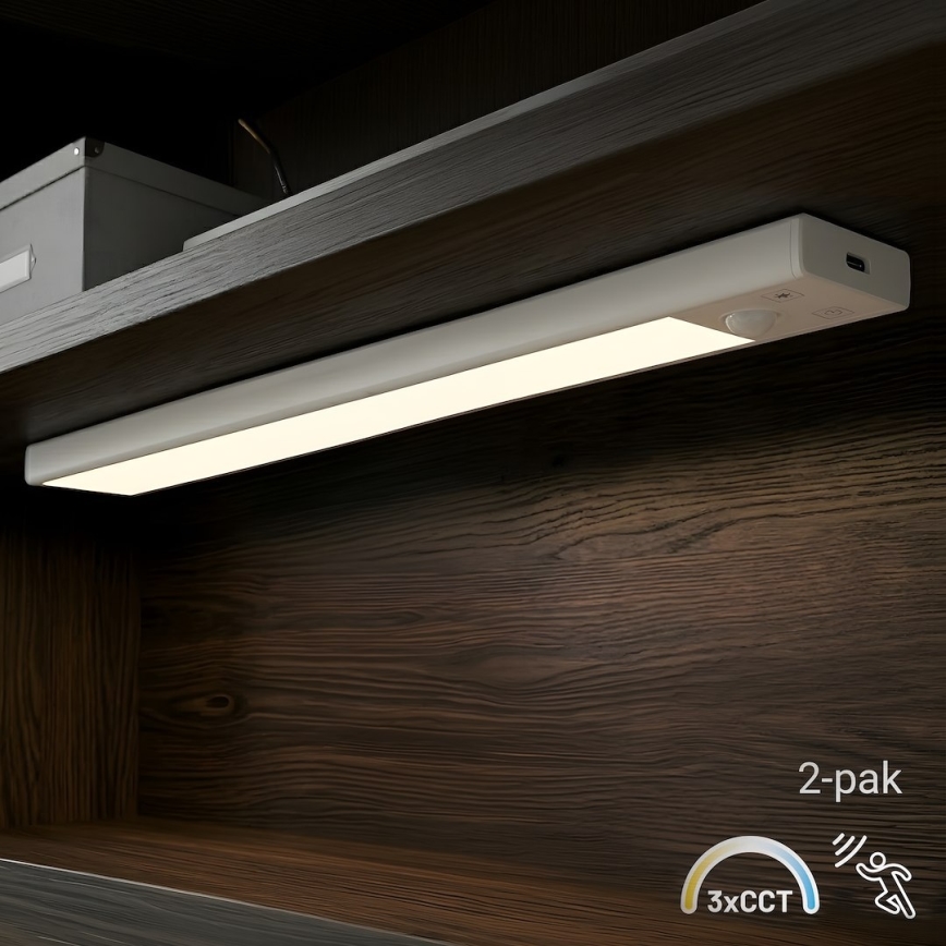 KOMPLET 2x LED punjivo osvetljenje za nameštaj sa senzorom pokreta i sumraka VIRO LED/1,2W/3,7V 800 mAh 3000/4000/6500K 30 cm bela
