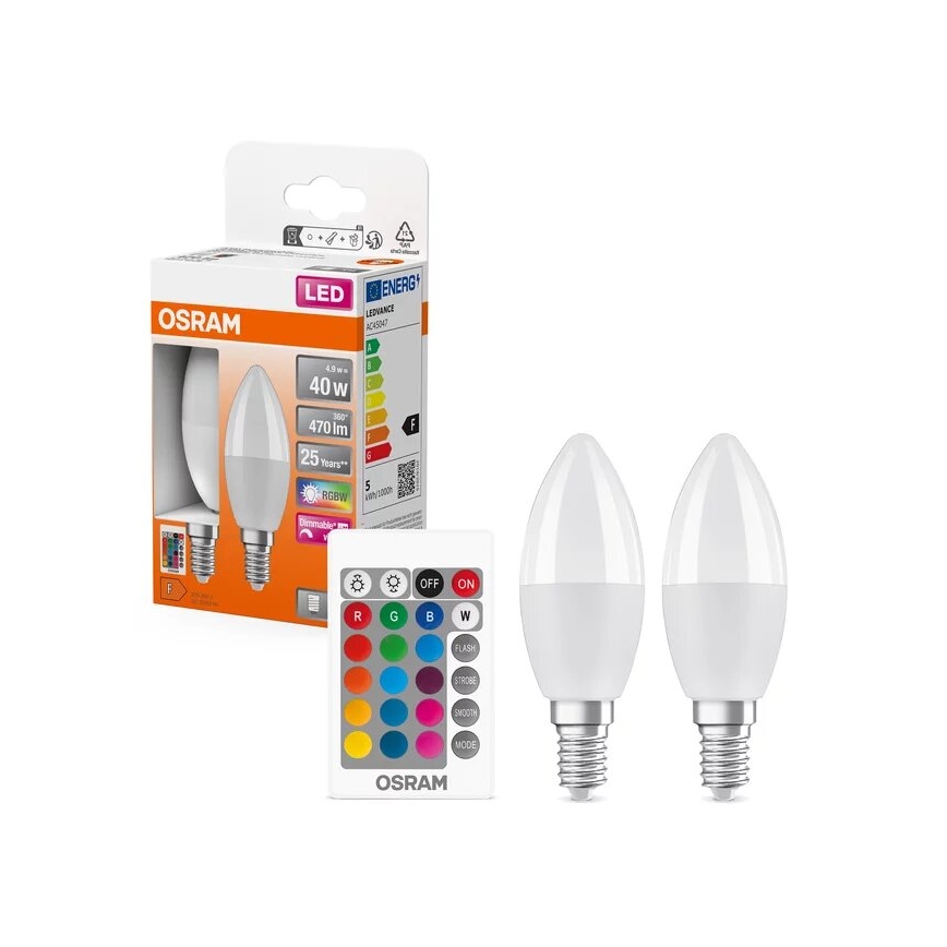 KOMPLET 2x LED RGBW prigušiva sijalica B38 E14/4,9W/230V 2700K + daljinski upravljač - Osram