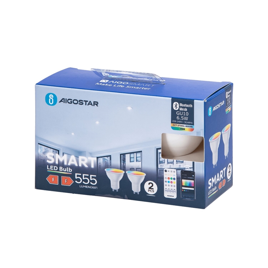 Komplet 2x LED RGBW prigušiva sijalica MESH Smart GU10/6,5W/230V 2700-6500K + daljinski upravljač - Aigostar