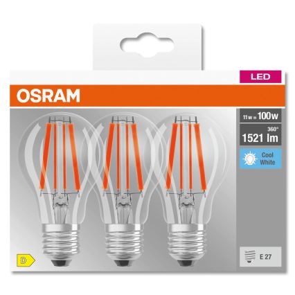 Komplet od 3 LED sijalice BASE CLASSIC FILAMENT A60 E27/11W/230V 4000K - Osram