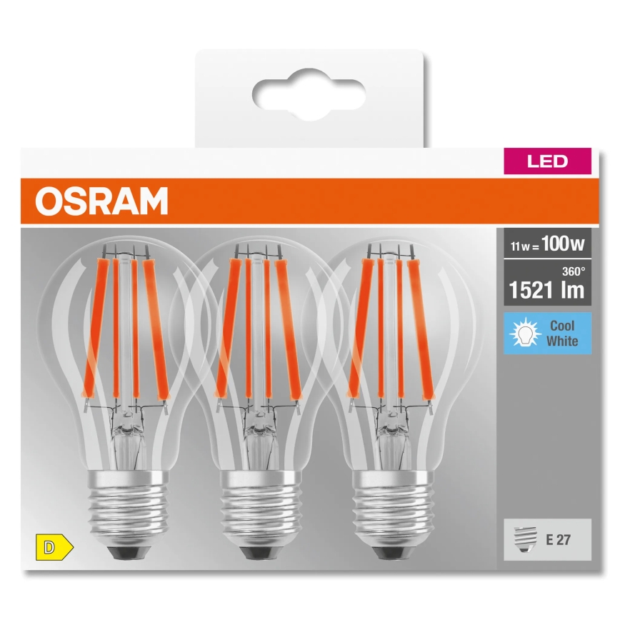 Komplet od 3 LED sijalice BASE CLASSIC FILAMENT A60 E27/11W/230V 4000K - Osram