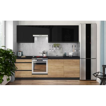 Kuhinjski blok MARINA 240 cm hrast craft/sjajna crna