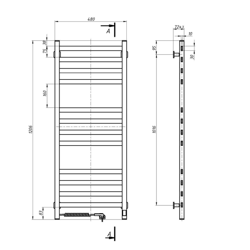 Kupaonski merdevinski radijator sa termostatom AVANGARD 227W 120x48cm, beli, levi