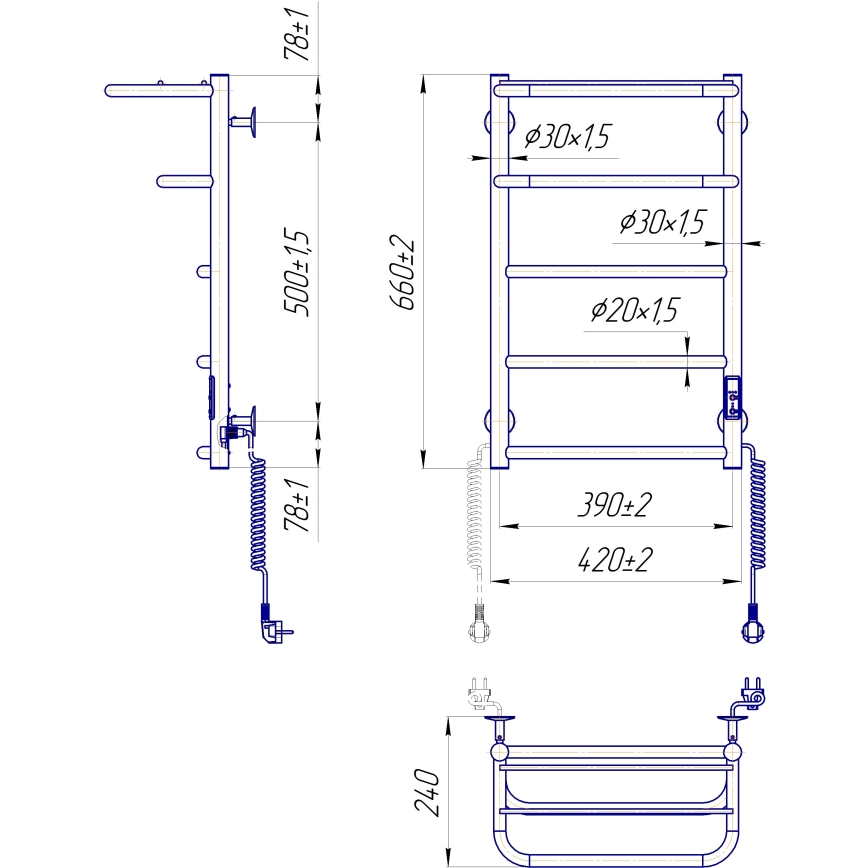 Kupaonski rebrasti radijator HOTEL 75W/230V 66x42 cm nerđajući čelik/bela, desna