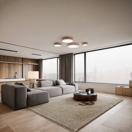 Kupatilska plafonjera sa senzorom CLEO 4xE27/24W/230V prečnik 47,5 cm IP54 hrast