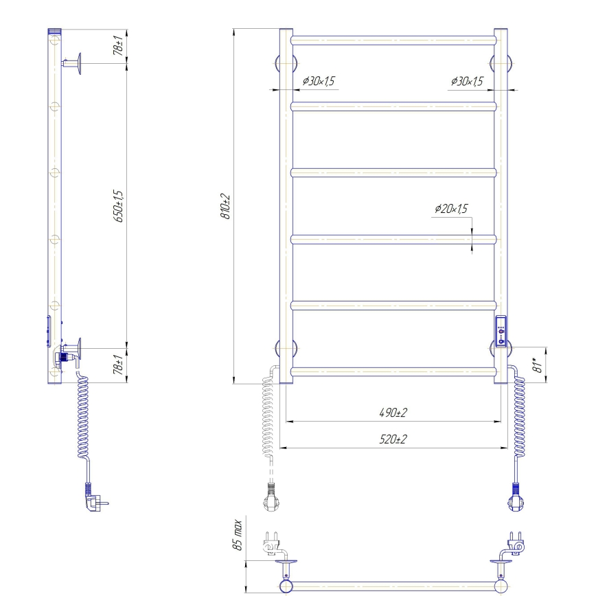 Kupatilski merdevinski radijator CLASSIC 110W/230V 81x52 cm inox/antracit desni