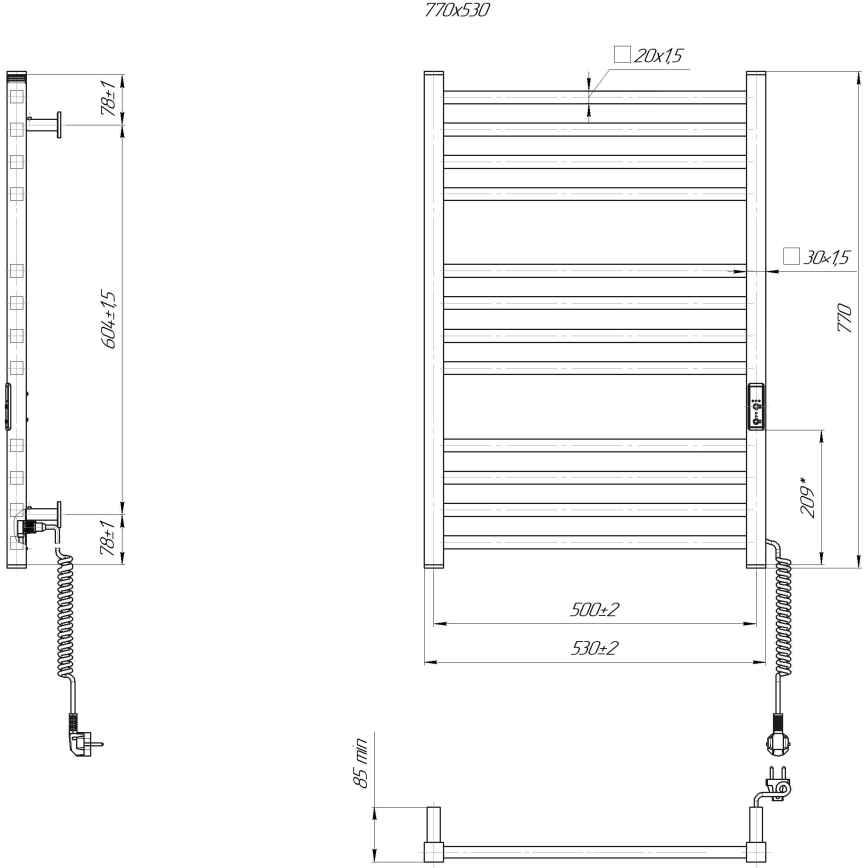 Kupatilski merdevinski radijator HF LONDON 165W/230V 77x53 cm, crni, desni