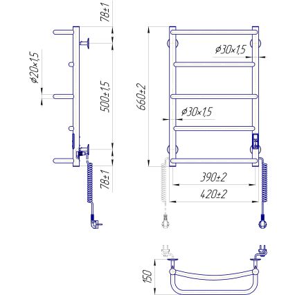 Kupatilski merdevinski radijator LUX, 65 W / 230 V, 66 x 42 cm, nerđajući čelik / crna, desni