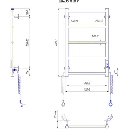 Kupatilski rebrasti radijator CLASSIC 65W/230V 66x42 cm nerđajući čelik/crna desna