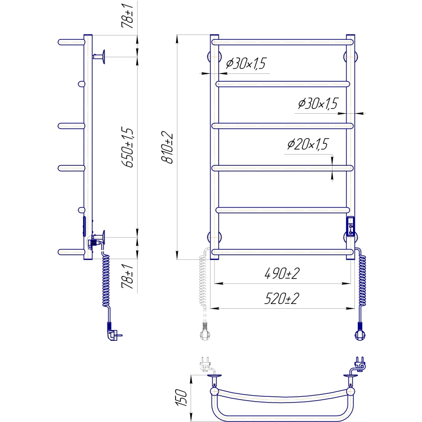 Kupatilski rebrasti radijator LUX 105W/230V 81x52 cm inox/sjajni hrom desni