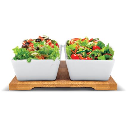 Lamart - Set od 4 porculanske činije 19x19 cm + drveni poslužavnik