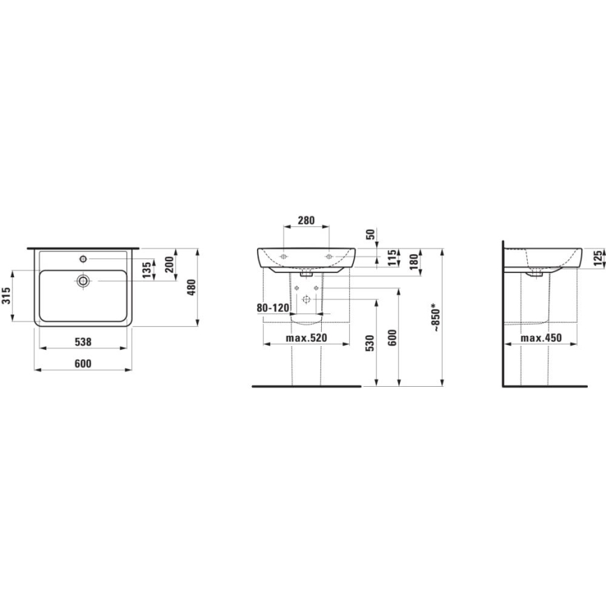 LAUFEN H8189520001041 - Umivaonik za ugradnju na ploču/zidni PRO 60x48 cm keramika/bela