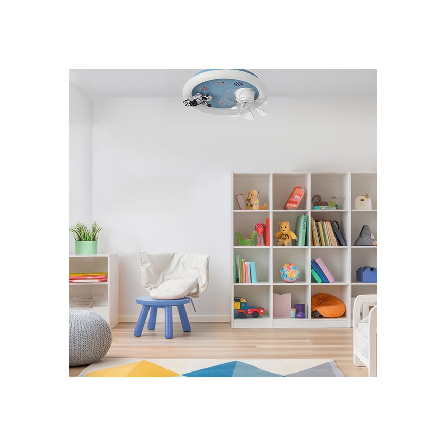 LED dečije prigušiva stropna svetiljka sa ventilatorom LED/48W/230V 3000/4000/6000K pr. 50 cm plava + daljinski upravljač