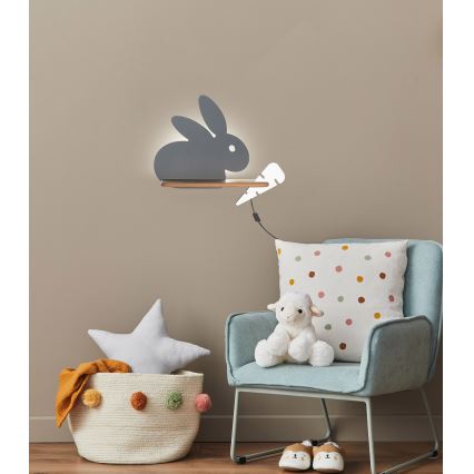 LED Dečije zidno svetlo sa policom RABBIT LED/4W/230V siva/bela/drvo,