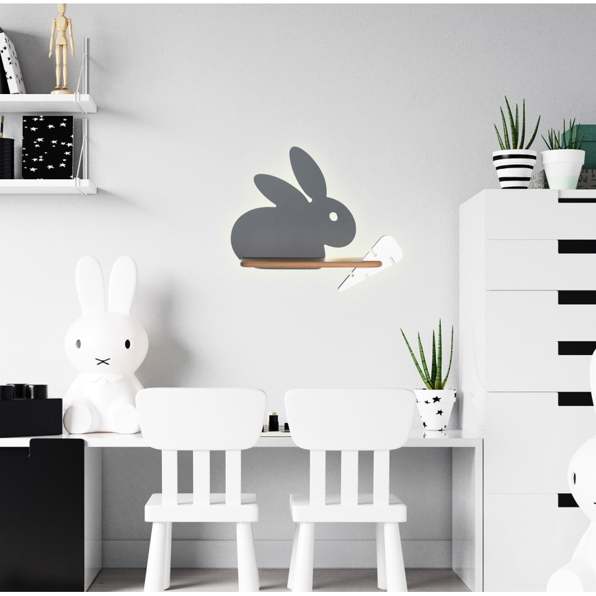 LED Dečije zidno svetlo sa policom RABBIT LED/4W/230V siva/bela/drvo,