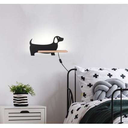 LED Dečija zidna lampa sa policom DOG LED/5W/230V crna/drvo,