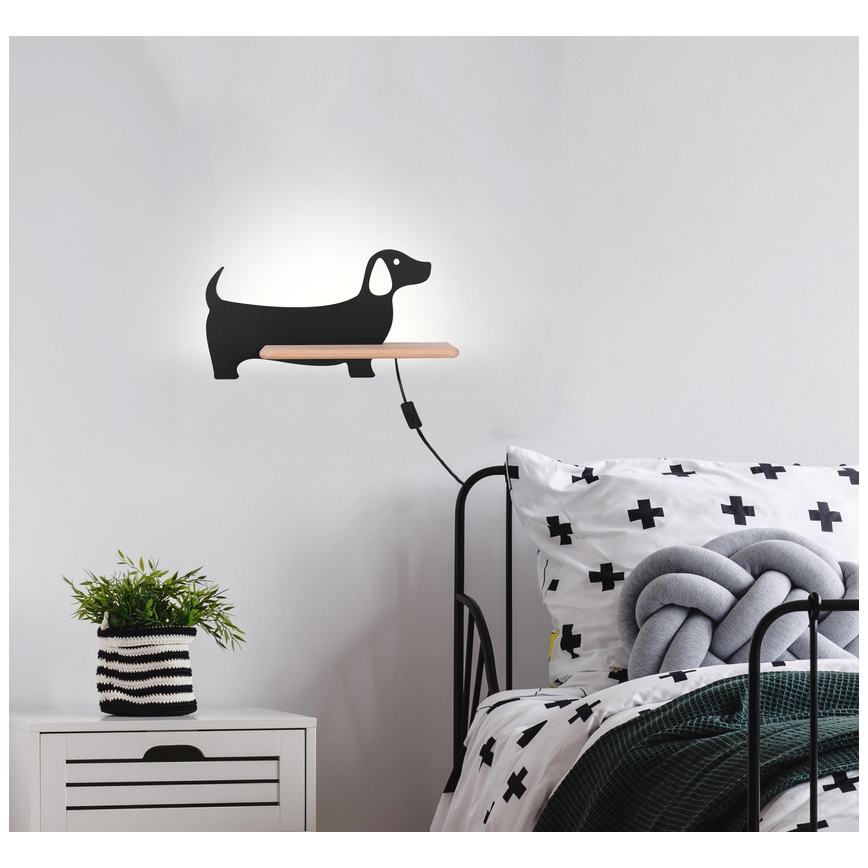 LED Dečija zidna lampa sa policom DOG LED/5W/230V crna/drvo,