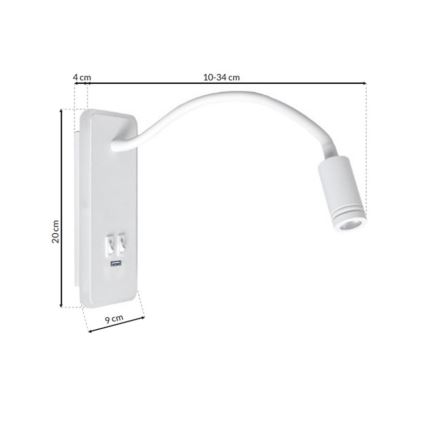 LED fleksibilna zidna lampica sa USB BASE LED/8W+LED/2W/230V bela