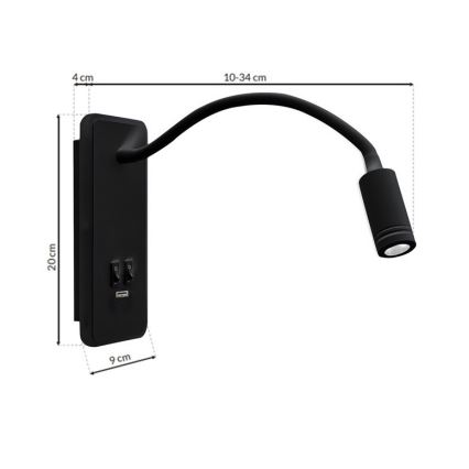 LED fleksibilna zidna lampica sa USB priključkom BASE LED/8W+LED/2W/230V crna