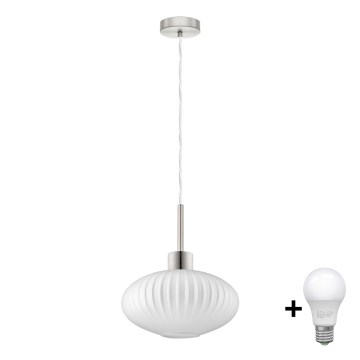 LED luster na sajli HARMA 1xE27/60W/230V, prečnika 30 cm, mat hrom/bela