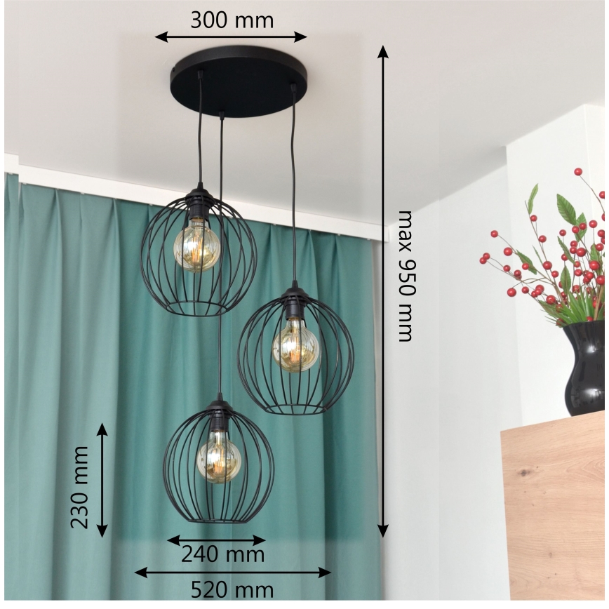 LED luster na sajli MERCURE 3xE27/15W/230V, prečnika 50 cm, crne boje