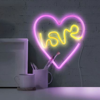 LED neonska zidna dekoracija LOVE LED/3W/3xAA USB ružičasta