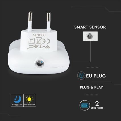 LED noćno svetlo sa senzorom sumraka za utičnicu, 2x USB, 0,45 W, 230 V, 3000 K