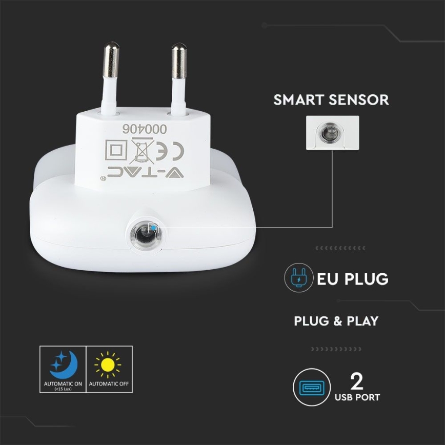LED noćno svetlo sa senzorom sumraka za utičnicu, 2x USB, 0,45 W, 230 V, 3000 K