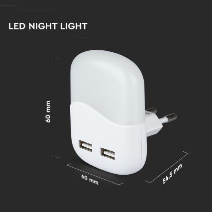 LED noćno svetlo sa senzorom sumraka za utičnicu, 2x USB, 0,45 W, 230 V, 3000 K