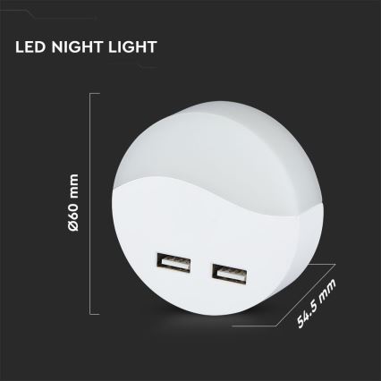 LED noćno svetlo sa senzorom sumraka za utičnicu 2xUSB LED/0,45W/230V 3000K