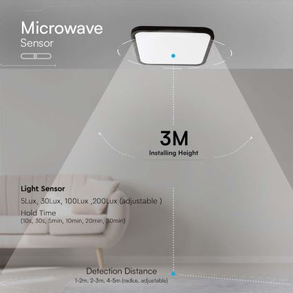 LED stropno svetlo za kupatilo sa senzorom LED/36W/230V 4000K IP44 42x42 cm crno + daljinski upravljač